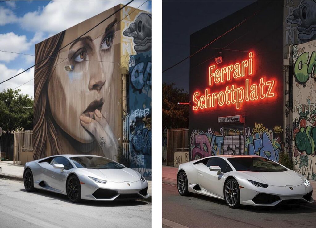 Ersetze das Bild der Frau auf der Hauswand, setze in die Mitte der Hauswand den Text "Ferrari Schrottplatz" in einer 20er-Jahre Schrift, mit Neoneffekt , sodass es realistisch in die Szene passt. Außerdem soll es Nacht sein.