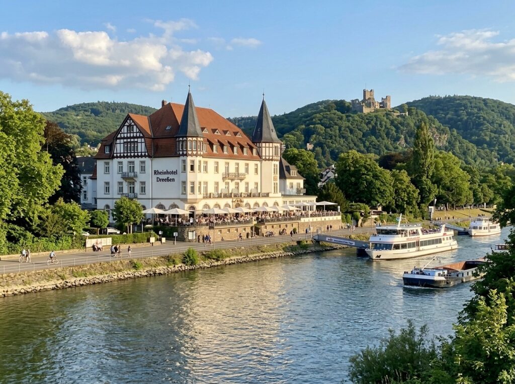 Prompt: Rheinhotel Dreesen aus der Vogelperspektive