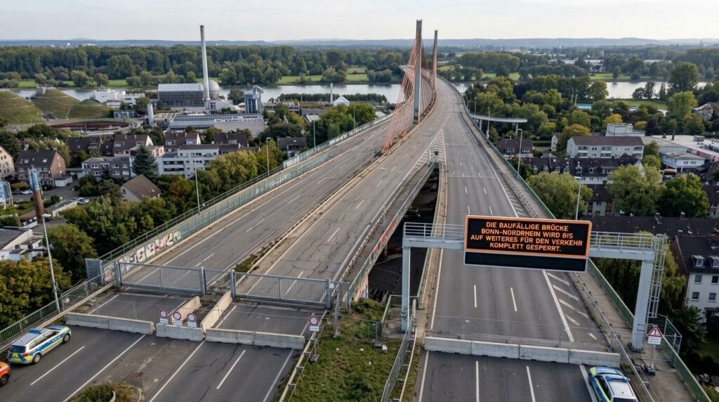 Die Abbildung zeigt eine KI-generierte Illustration einer gesperrten Rheinbrücke. Sie dient der Veranschaulichung und ist keine tatsächliche Aufnahme der Situation vor Ort.