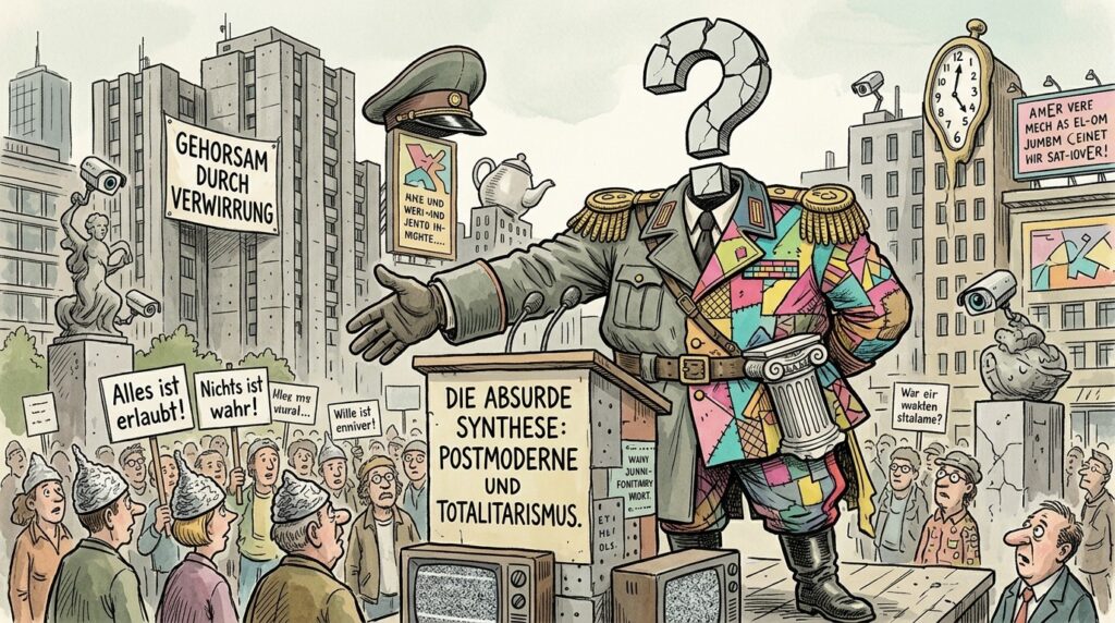 Postmoderner Totalitarismus - eine Karikatur aus der Sicht von nano banana