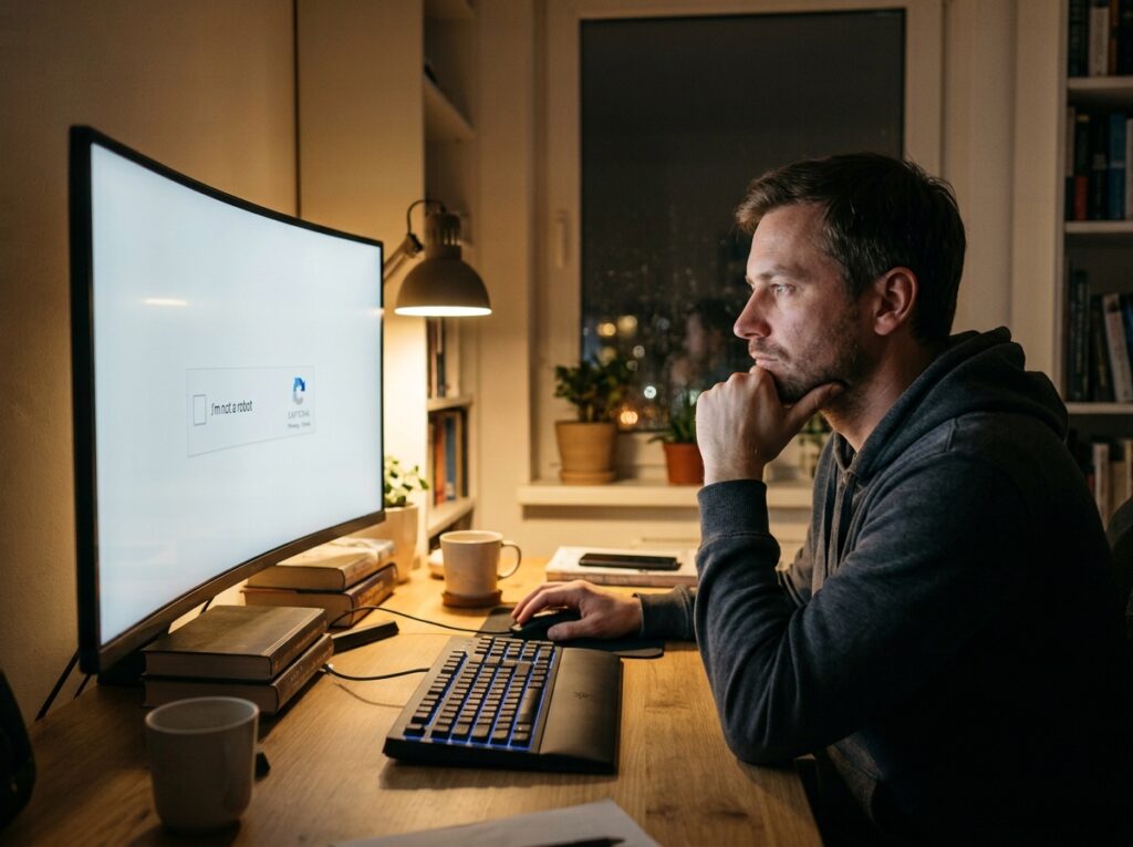 Umsetzung des Prompts „Bitte bestätige, dass Du kein Bot bist – wie lange wird man die Captcha-Frage noch ehrlich bejahen können?“ von Nano Banana.